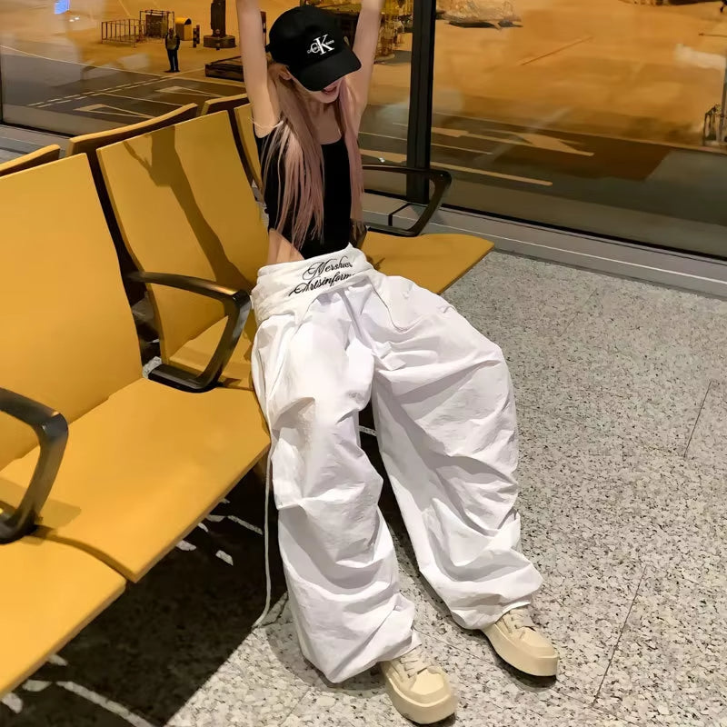 MEXZT White Cargo Pants Women Streetwear Embroidery Baggy Sweatpants Harajuku Wide Leg Joggers Summer Oversized Trousers New