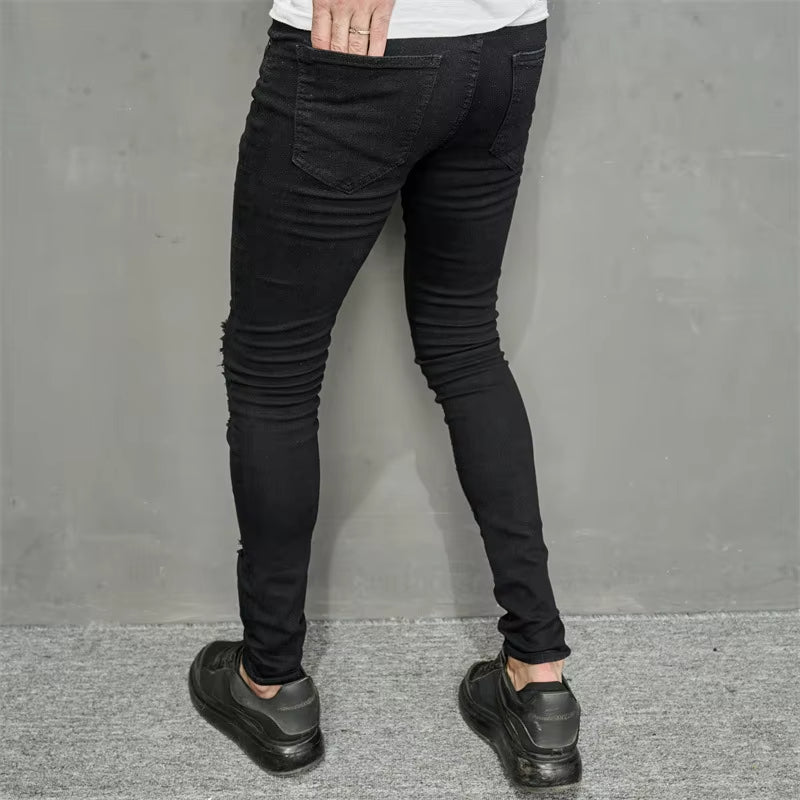 Men Jeans Ankle Length Hole Vintage Ripped Pencil Pants Denim Skinny Pockets Distressed Slim Moto Biker Solid Washed