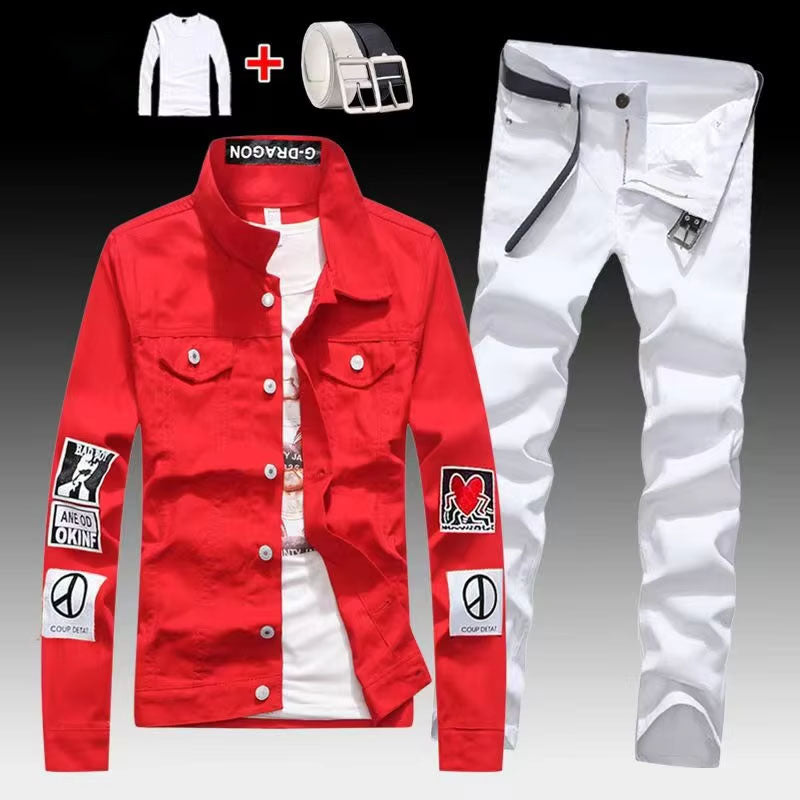 Men's Red Denim Jacket with White Slim Fit Jeans, Casual Streetwear 2 Piece Outfit Set