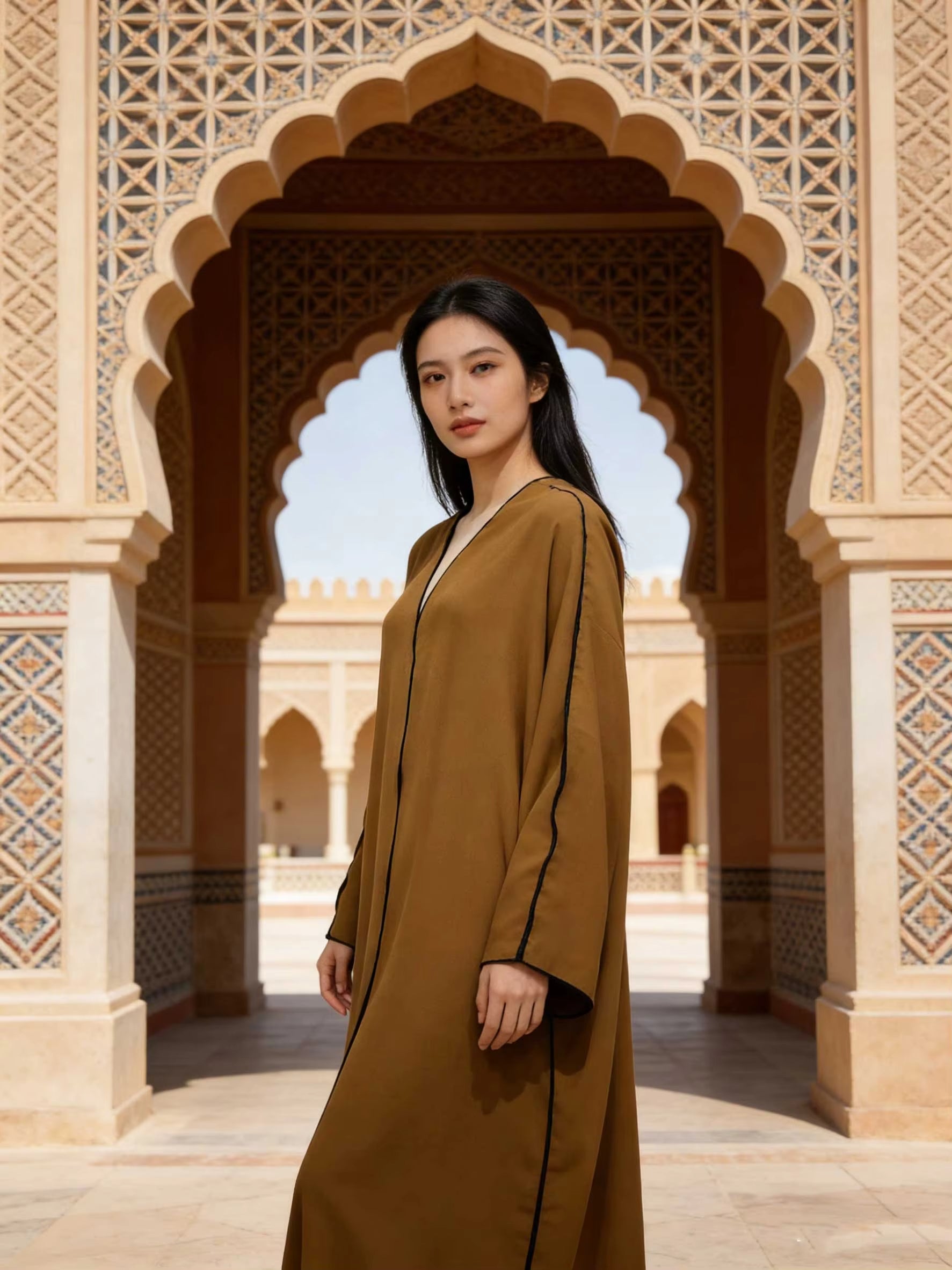 Caramel Brown Satin Abaya With Black Trim Batwing Sleeve Women Muslim Moroccan Kaftan Ramadan Jalabiya Islam Dubai Arabic Robes
