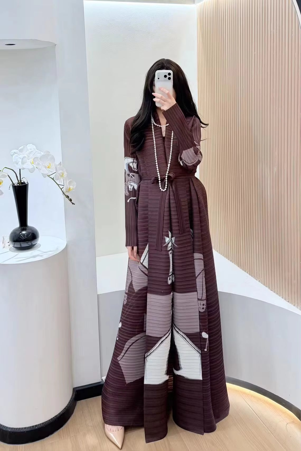 Fold Women's Pleated Abaya - Brown Horse Art Print, Middle Eastern Fashion Long Robe 2025 New Arrival - Modest Casual Wear
