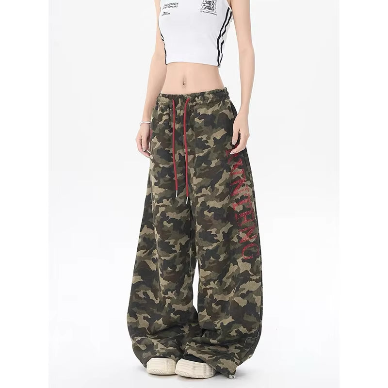 YIBASHU American Retro 2000s Camouflage Letter Pants Women's Autumn Winter Loose Wide Leg Jazz Hip-hop Dance Sports Pants
