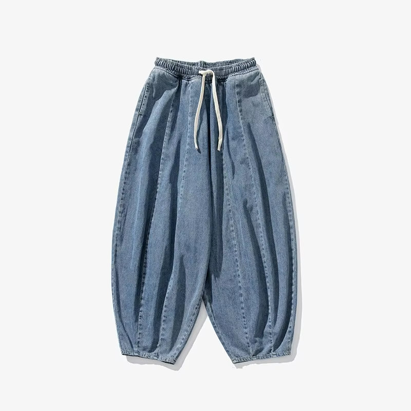 2025 New Men's Pants Large Japanese Retro Loose Haren Straight Leg Pants Hong Kong Style Wide Leg Cowboy Lantern Pants