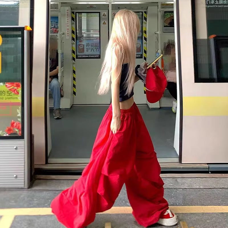 MEXZT Red Cargo Pants Women Harajuku Baggy Sweatpants Streetwear Wide Leg Joggers Summer Gyaru Korean Casual Trousers New