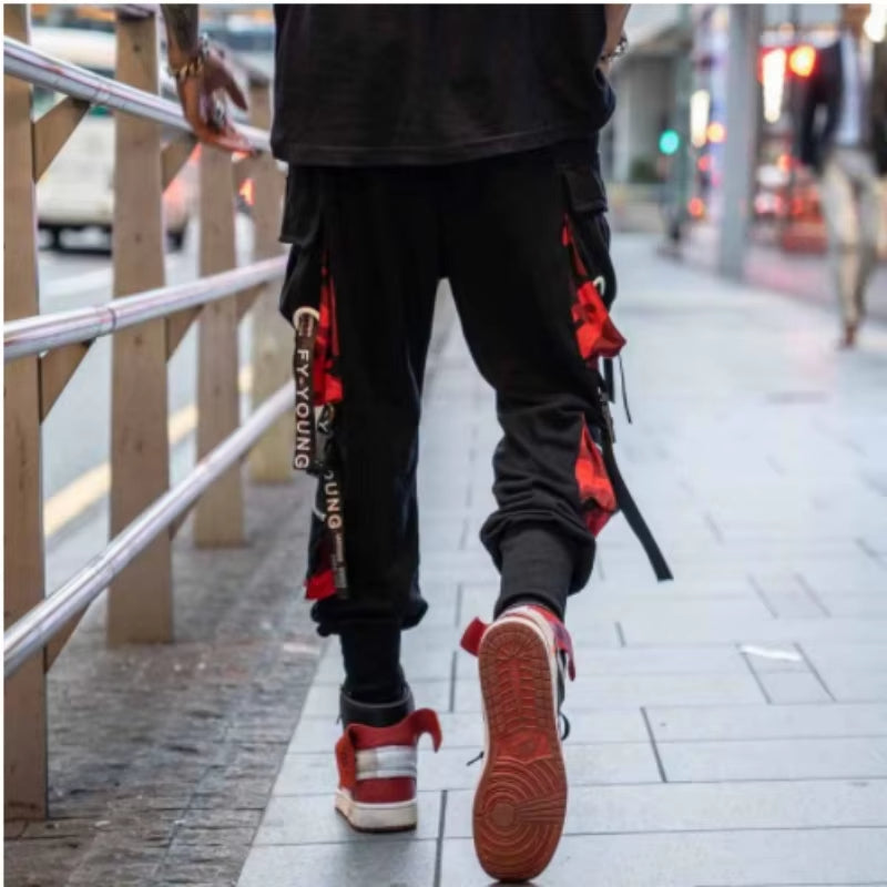 Men's Cargo Pants Casual Hip Hop Hit Color Multiple Pockets Trousers Streetwear Ribbons Techwear Sweatpants