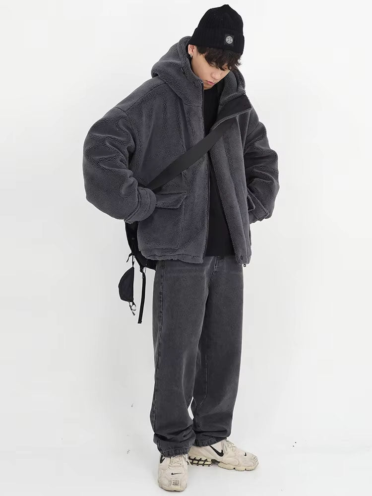 Mauroicardi Winter Thick Warm Oversized Dark Grey Sherpa Jacket Men with Hood Zip Up Fluffy Loose Casual Faux Lamb Fur Coat 2026