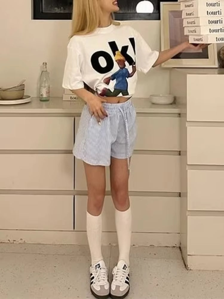 HOUZHOU Striped Shorts for Women Harajuku Blue Baggy Elastic Waist Short Pants Korean Style Casual Fashion Retro Shorts