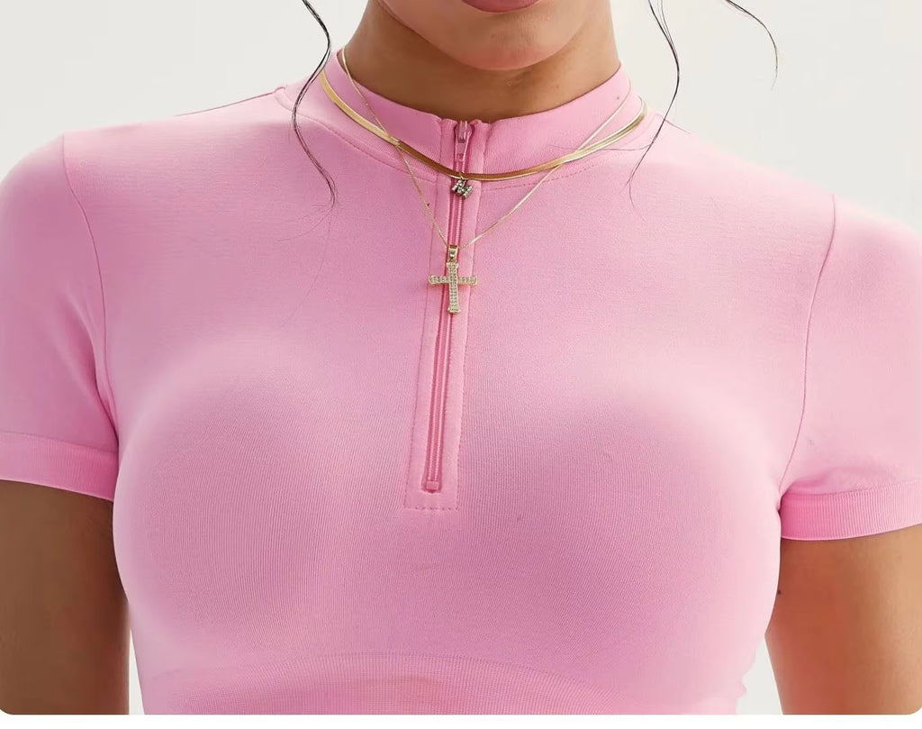 Seamless Yoga Crop Top Women Half Zip Mock Neck Short Sleeve Sports T-shirt Gym Workout Top Slim Fit Fitness Tights Sportswear