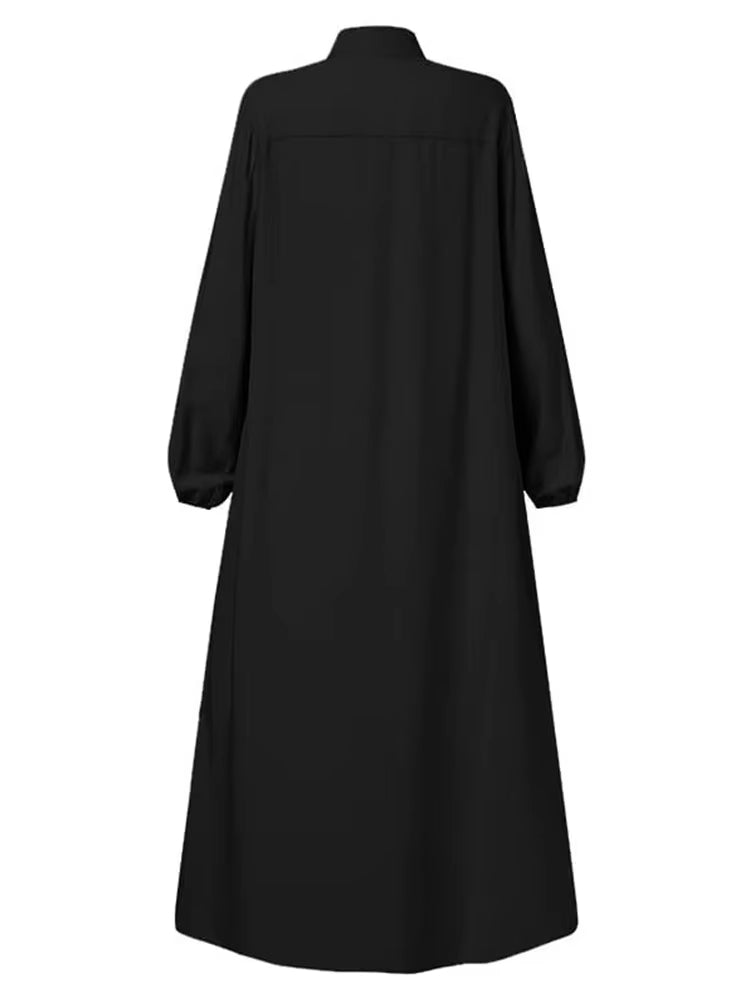 Elegant Black Abaya Dress – Stand Collar Long Sleeve Modest Maxi with Zipper Pocket, Loose Casual Islamic Wear
