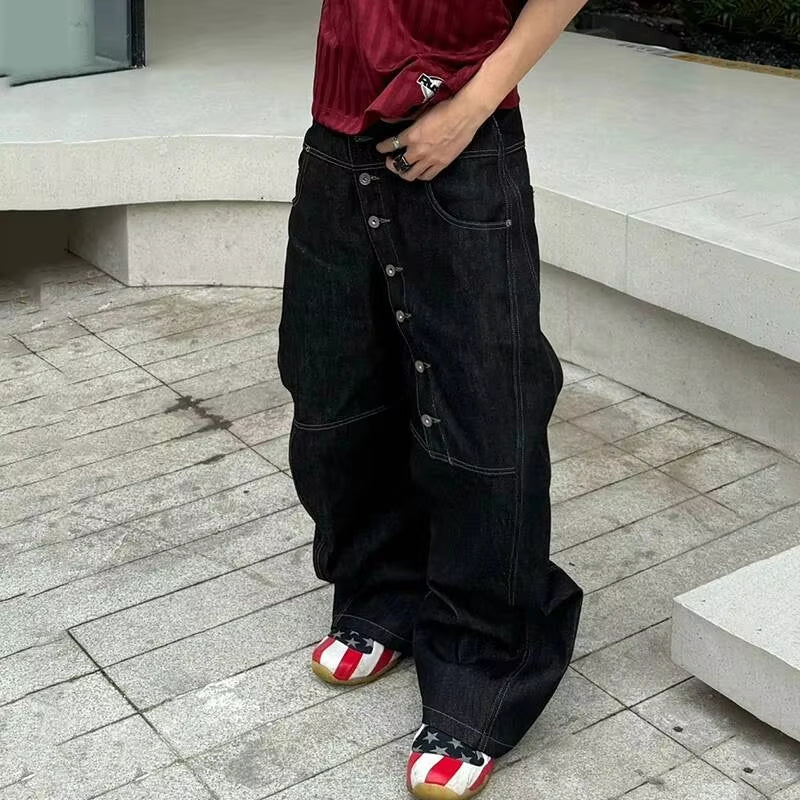 PFNW American High Street Curved Long Button Scimitar Men's Jeans Summer Loose Wide-Leg Pants Trendy Male Trousers 28W8103