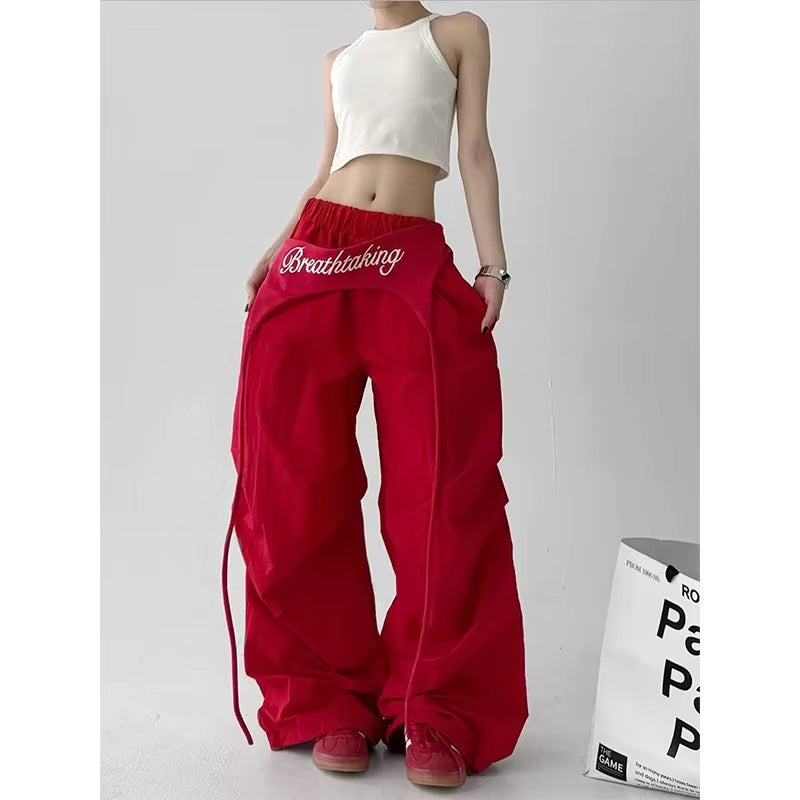 Korean Cargo Pants Women Streetwear Letter Print Baggy Sweatpants Gyaru Harajuku Wide Leg Joggers Summer Casual Trousers