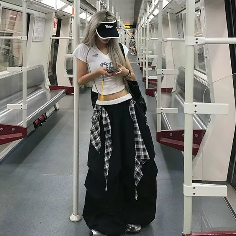 Black Cargo Pants Women Streetwear Plaid Patchwork Baggy Sweatpants Harajuku Wide Leg Joggers Summer Korean Casual Trousers
