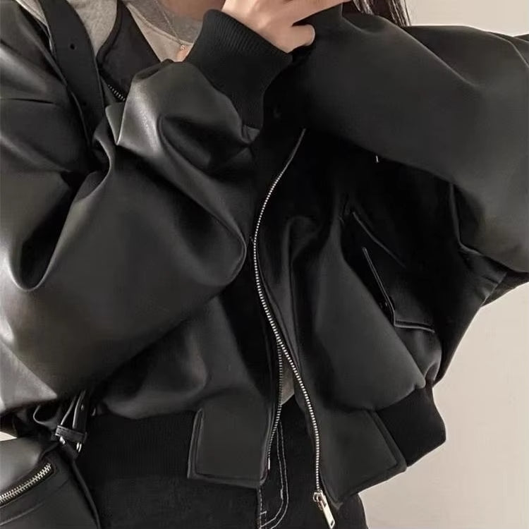Korean High-end Black PU Leather Jacket Women Fashion Hooded Loose Spring Autumn Zipper Fake Two-Piece Versatile Outerwear