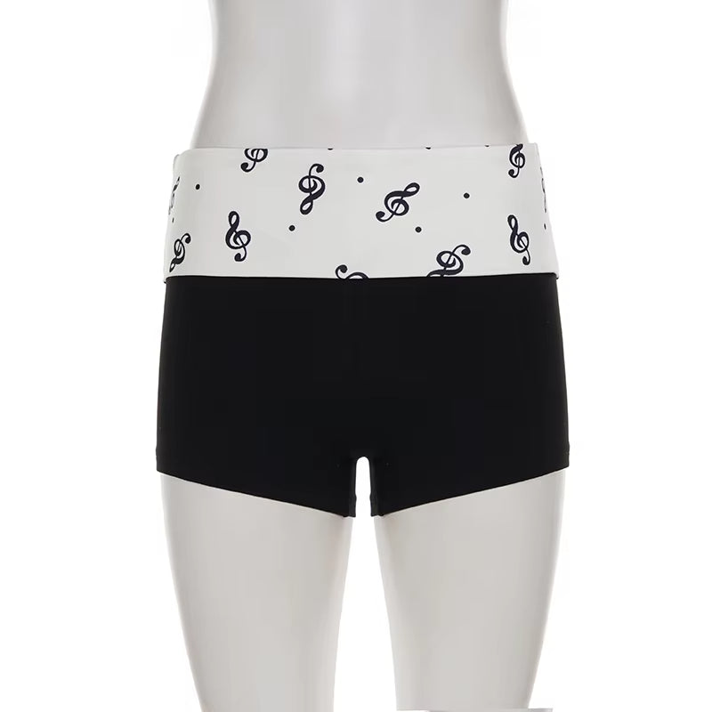 SUCHCUTE Music Note Print Elastic Shorts Women Skinny Low-waisted Mini Short Streetwear Slim Bottoms Summer Casual Homewear