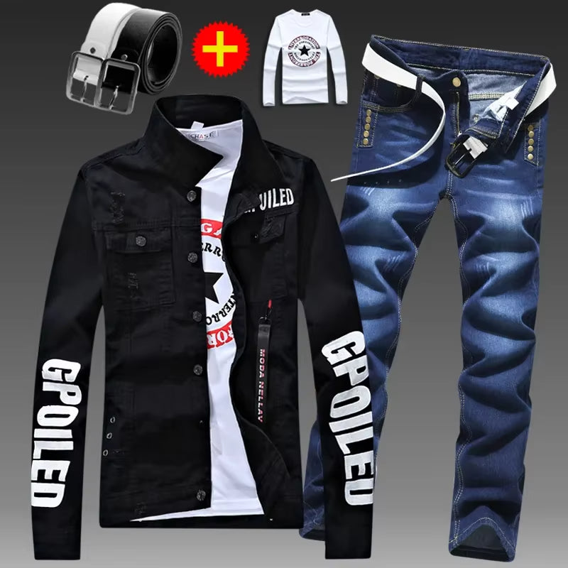 Men Slim Fit Denim Jacket and Jeans Set, Slim Fit Jeans for Men, Streetwear Casual Suit, Black Blue Printed Outfit