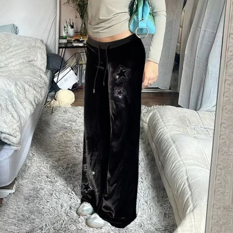 Rhinestones Star Velvet Flared Pants Aesthetic High Waist Baggy Sweatpants Jogging Casual Basic Boot Cut Trousers