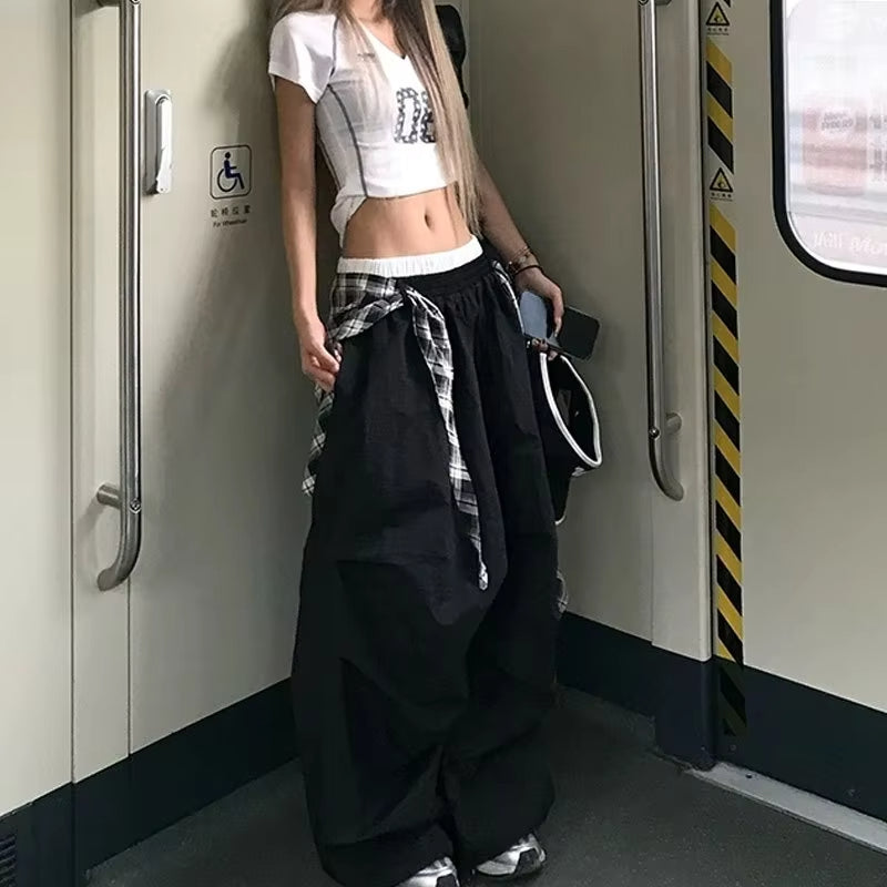 Black Cargo Pants Women Streetwear Plaid Patchwork Baggy Sweatpants Harajuku Wide Leg Joggers Summer Korean Casual Trousers