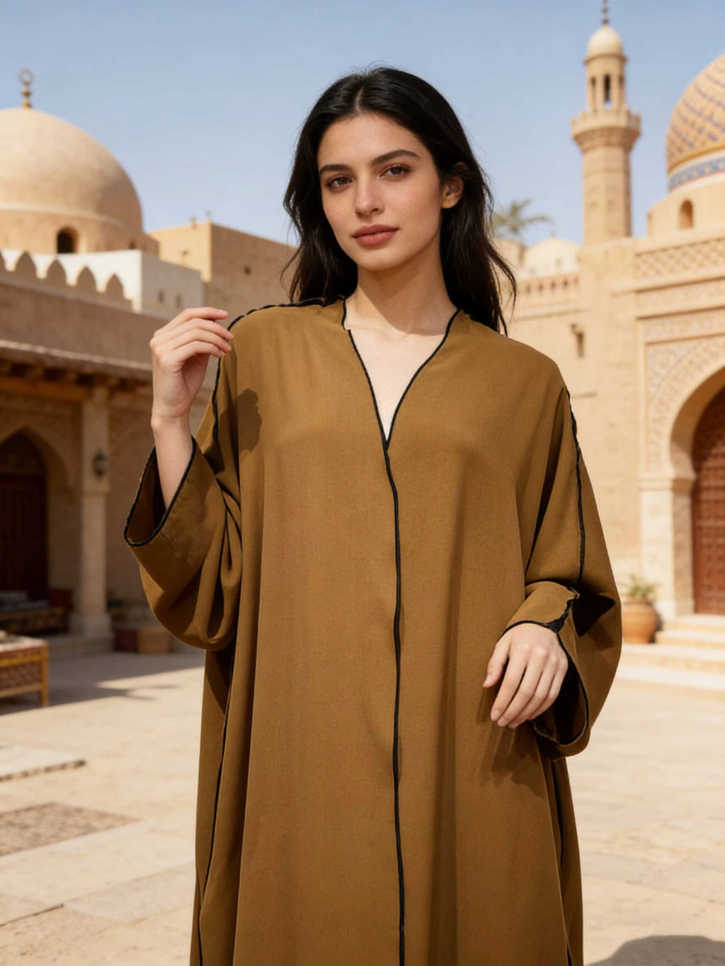 Caramel Brown Satin Abaya With Black Trim Batwing Sleeve Women Muslim Moroccan Kaftan Ramadan Jalabiya Islam Dubai Arabic Robes