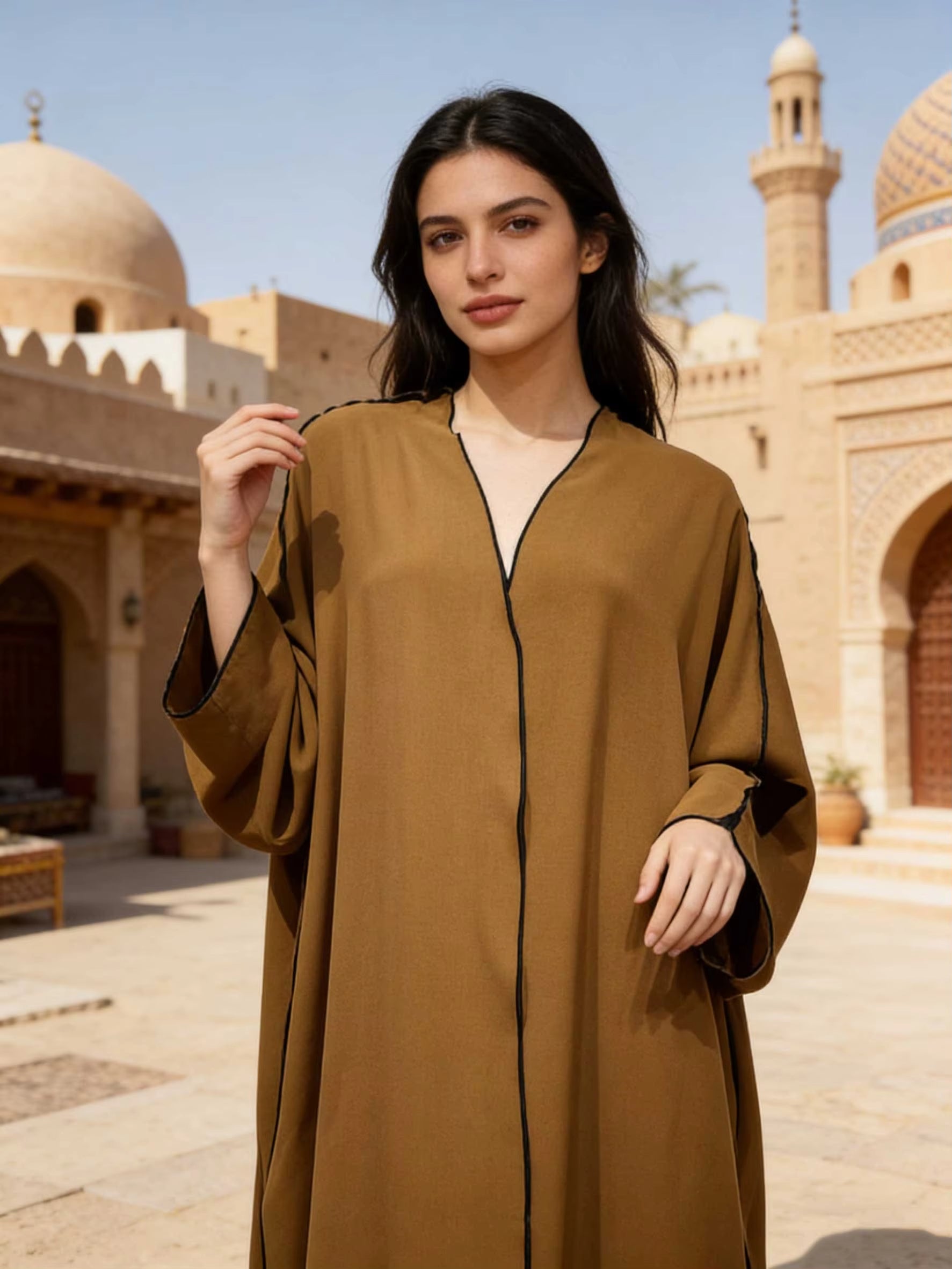 Caramel Brown Satin Abaya With Black Trim Batwing Sleeve Women Muslim Moroccan Kaftan Ramadan Jalabiya Islam Dubai Arabic Robes
