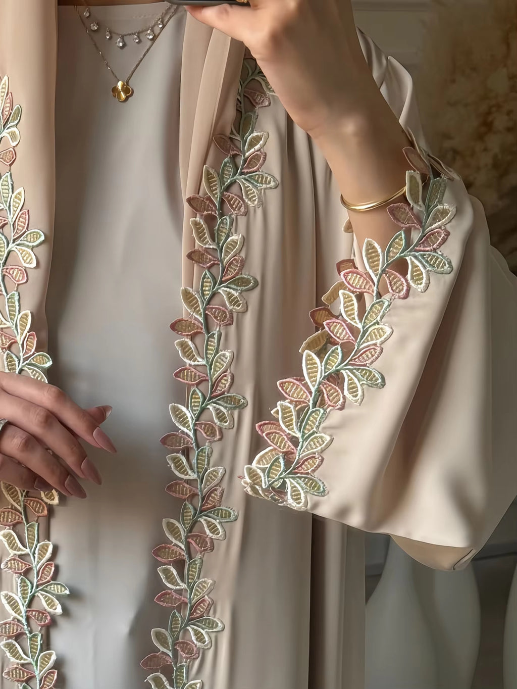 Elegant Beige Embroidered Abaya – Dubai Style Modest Dress with Multicolor Floral Detail for Women