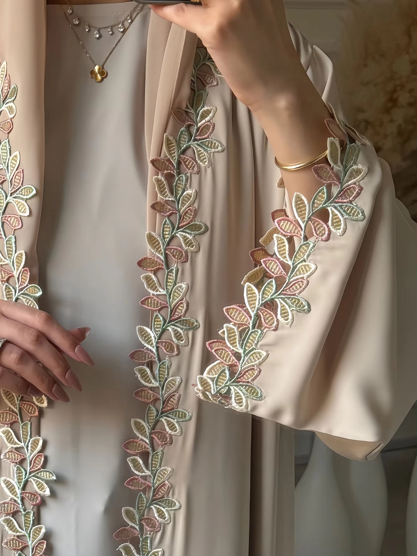 Elegant Beige Embroidered Abaya – Dubai Style Modest Dress with Multicolor Floral Detail for Women