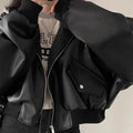 Korean High-end Black PU Leather Jacket Women Fashion Hooded Loose Spring Autumn Zipper Fake Two-Piece Versatile Outerwear