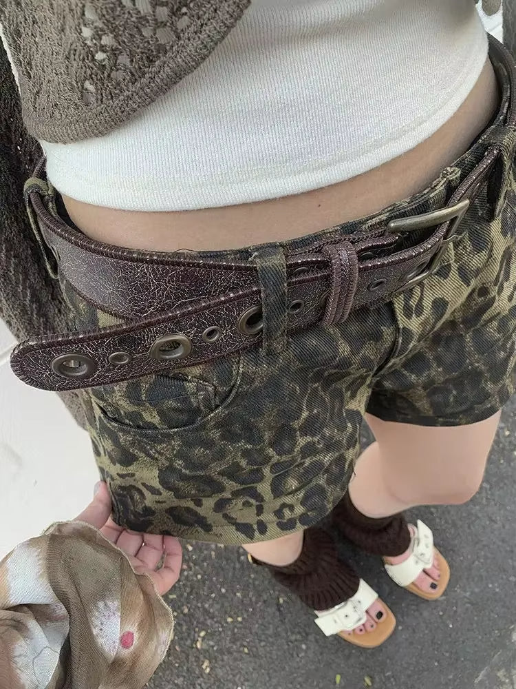 HOUZHOU Sexy Leopard Printed Denim Shorts Women Vintage Low Waist Gyaru Streetwear Summer 2026 Chic Female Retro Short Jeans
