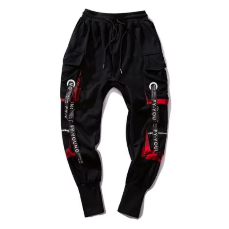 Men's Cargo Pants Casual Hip Hop Hit Color Multiple Pockets Trousers Streetwear Ribbons Techwear Sweatpants
