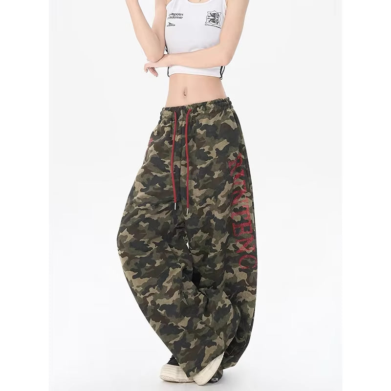 YIBASHU American Retro 2000s Camouflage Letter Pants Women's Autumn Winter Loose Wide Leg Jazz Hip-hop Dance Sports Pants