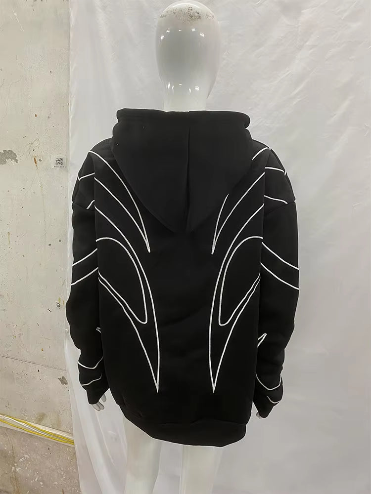 Street Retro Fashion Clothing Striped Embroidered Black Double Zipper Hoodie American Hip-hop Punk Oversized Sweatshirt
