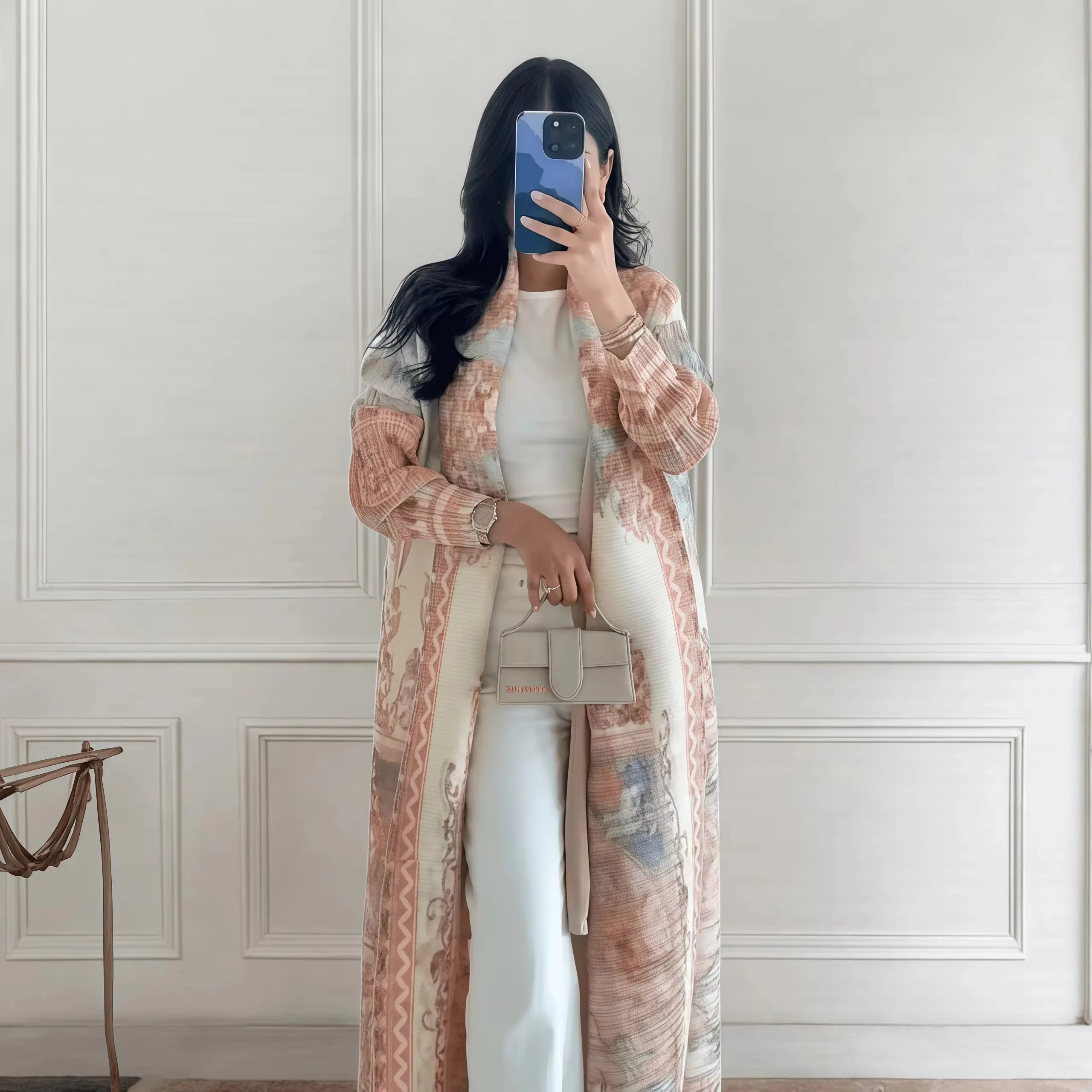 Elegant Pleated Open Front Abaya – Vintage Print Miyake Style Kimono Cardigan, Lightweight Modest Long Robe