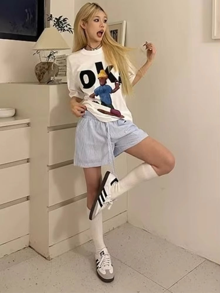 HOUZHOU Striped Shorts for Women Harajuku Blue Baggy Elastic Waist Short Pants Korean Style Casual Fashion Retro Shorts
