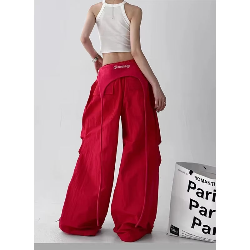 Korean Cargo Pants Women Streetwear Letter Print Baggy Sweatpants Gyaru Harajuku Wide Leg Joggers Summer Casual Trousers