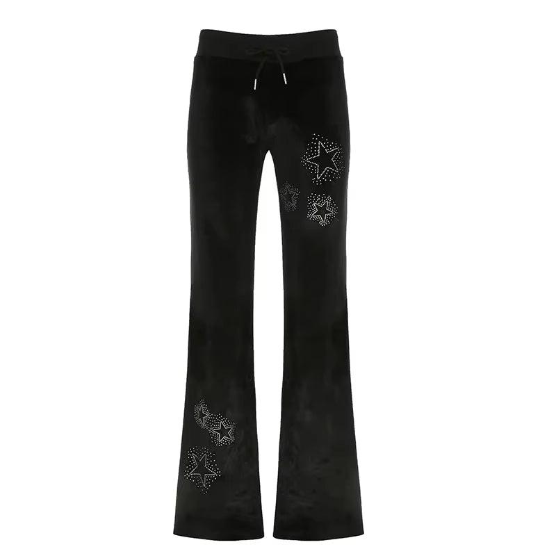Rhinestones Star Velvet Flared Pants Aesthetic High Waist Baggy Sweatpants Jogging Casual Basic Boot Cut Trousers