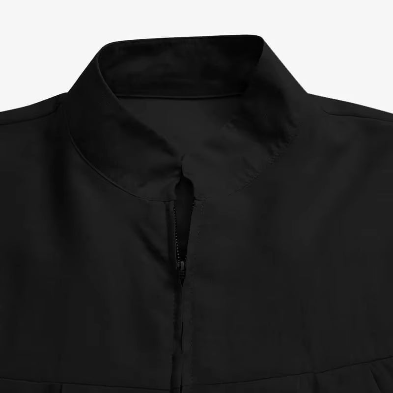 Elegant Black Abaya Dress – Stand Collar Long Sleeve Modest Maxi with Zipper Pocket, Loose Casual Islamic Wear