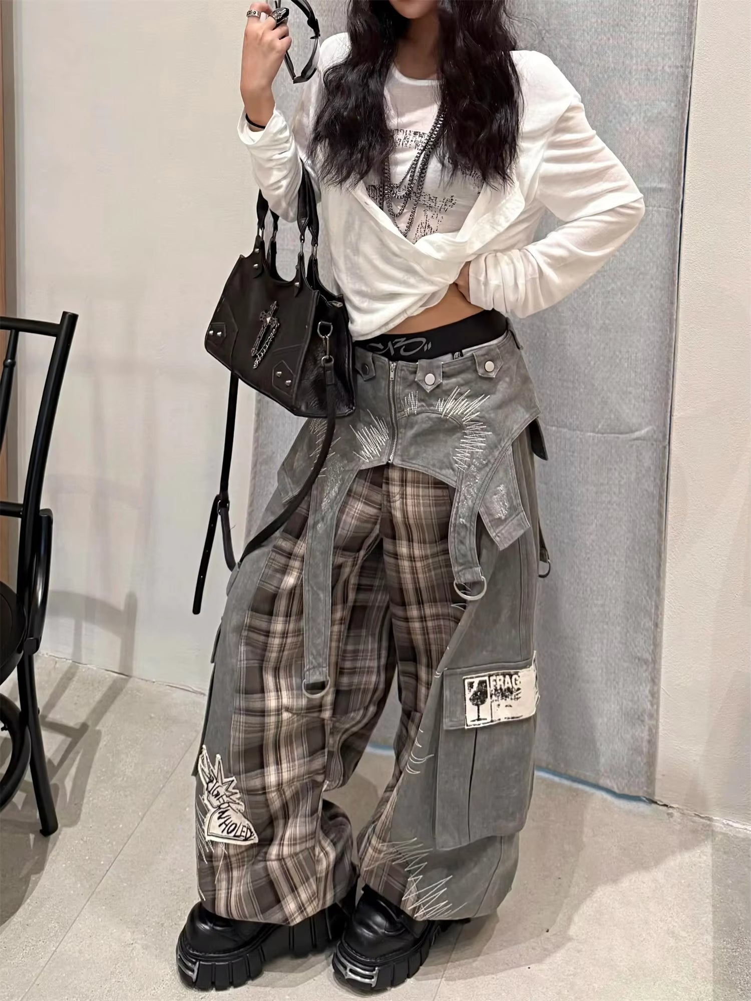 Women's Streetwear Patchwork Plaid Denim Pants Wide Leg with Graphic Print Cargo Trousers Casual Hip Hop Fashion Pants
