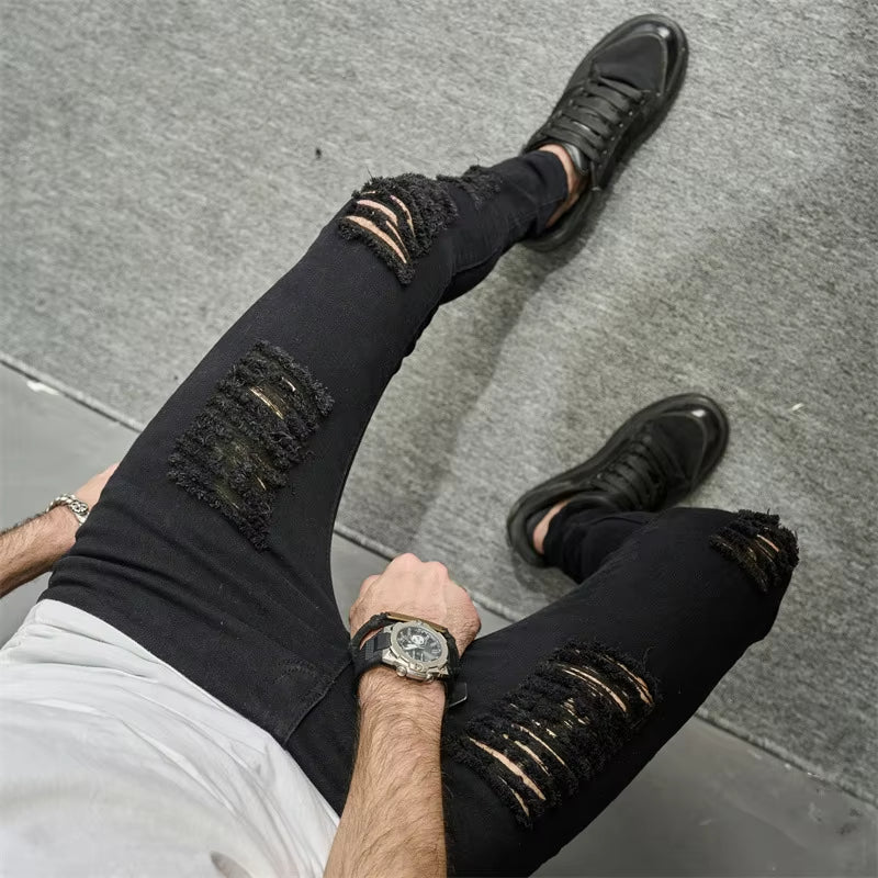 Men Jeans Ankle Length Hole Vintage Ripped Pencil Pants Denim Skinny Pockets Distressed Slim Moto Biker Solid Washed