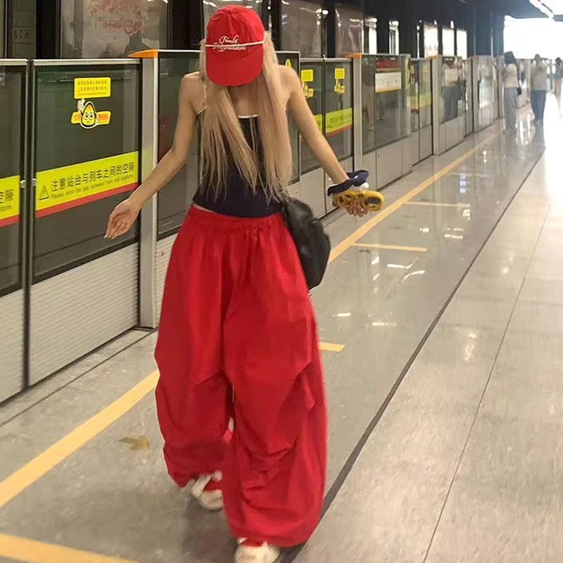 MEXZT Red Cargo Pants Women Harajuku Baggy Sweatpants Streetwear Wide Leg Joggers Summer Gyaru Korean Casual Trousers New