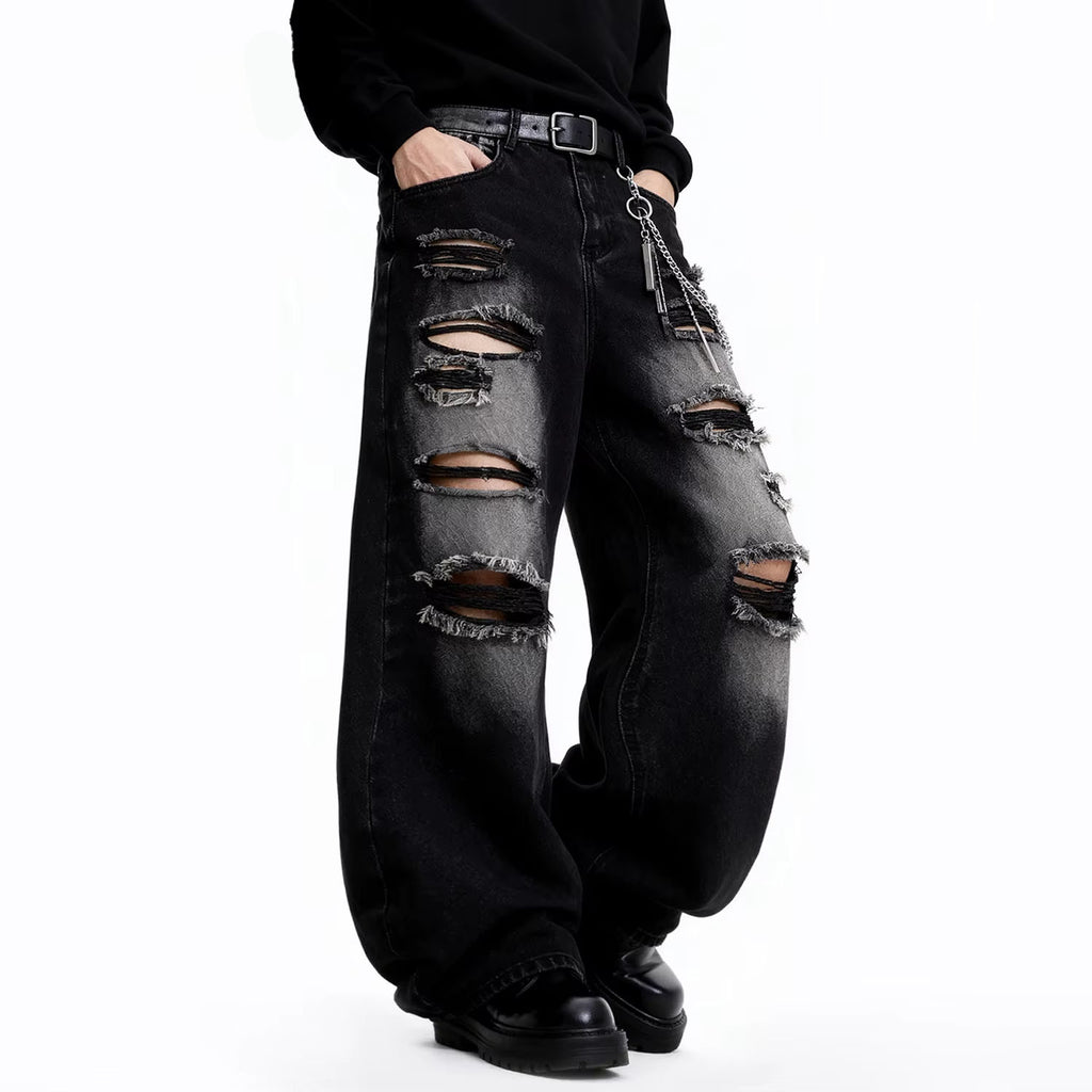 American Street Retro Men's Black Baggy Wide Leg Ripped Jeans Gothic Tear Style Unisex Loose Straight Leg Denim Pants Clothes