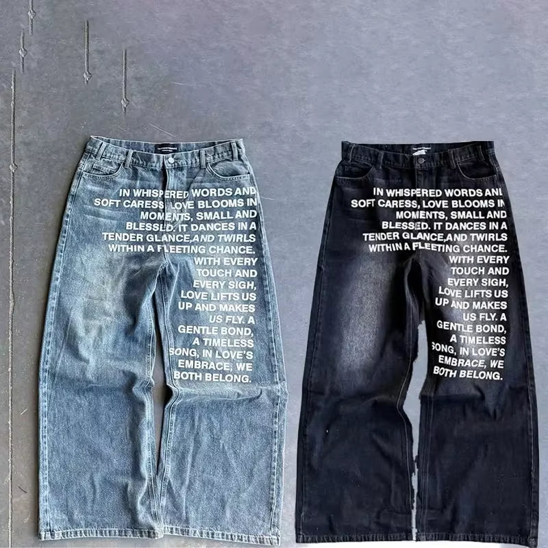 American retro patterned alphabet men jeans personalized street clothing goth men and women fashion casual pants