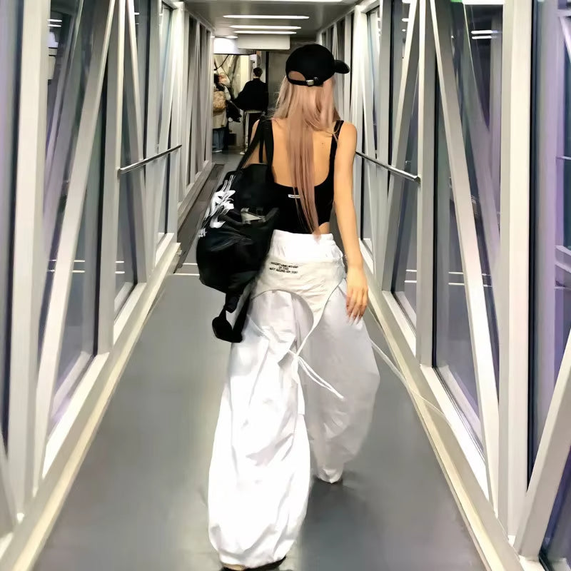 MEXZT White Cargo Pants Women Streetwear Embroidery Baggy Sweatpants Harajuku Wide Leg Joggers Summer Oversized Trousers New