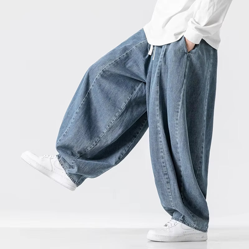 2025 New Men's Pants Large Japanese Retro Loose Haren Straight Leg Pants Hong Kong Style Wide Leg Cowboy Lantern Pants