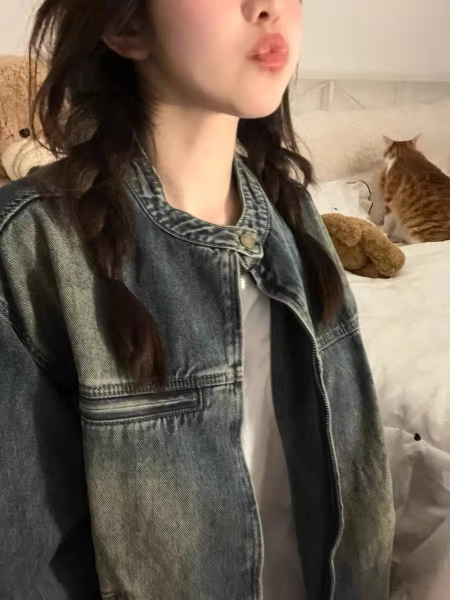 Spring Summer Vintage Washed American High Street Denim Jacket Women's Premium Feel Short Size Early Spring Jacket Ladies Jeans