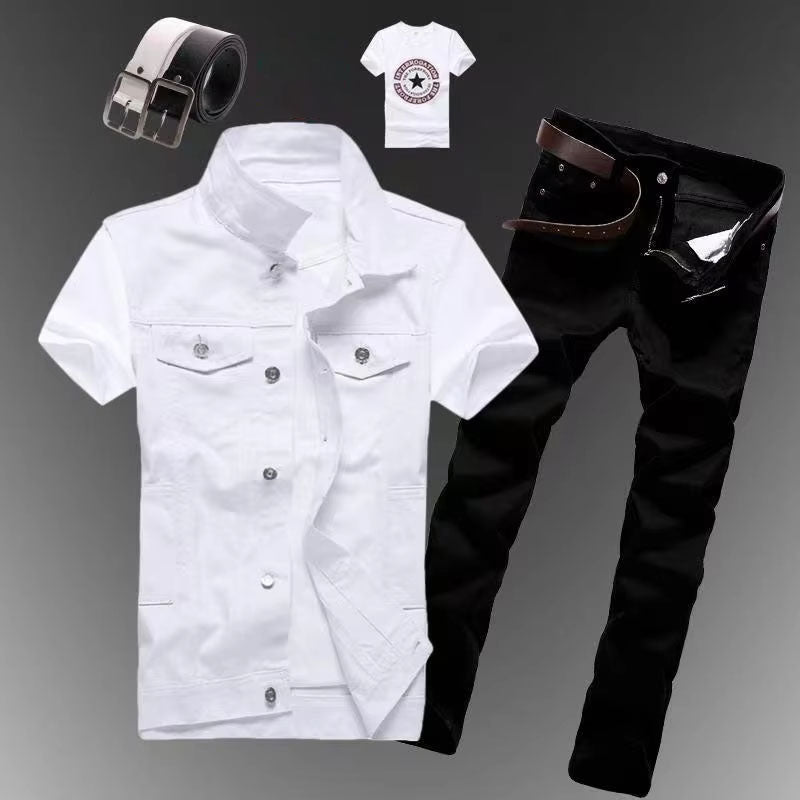 2pcs Set Mens Boys Casual Denim Vest Sleeveless Waistcoat -Jeans Pants Trousers for Summer Autumn Spring Free Send Tshirt Belt