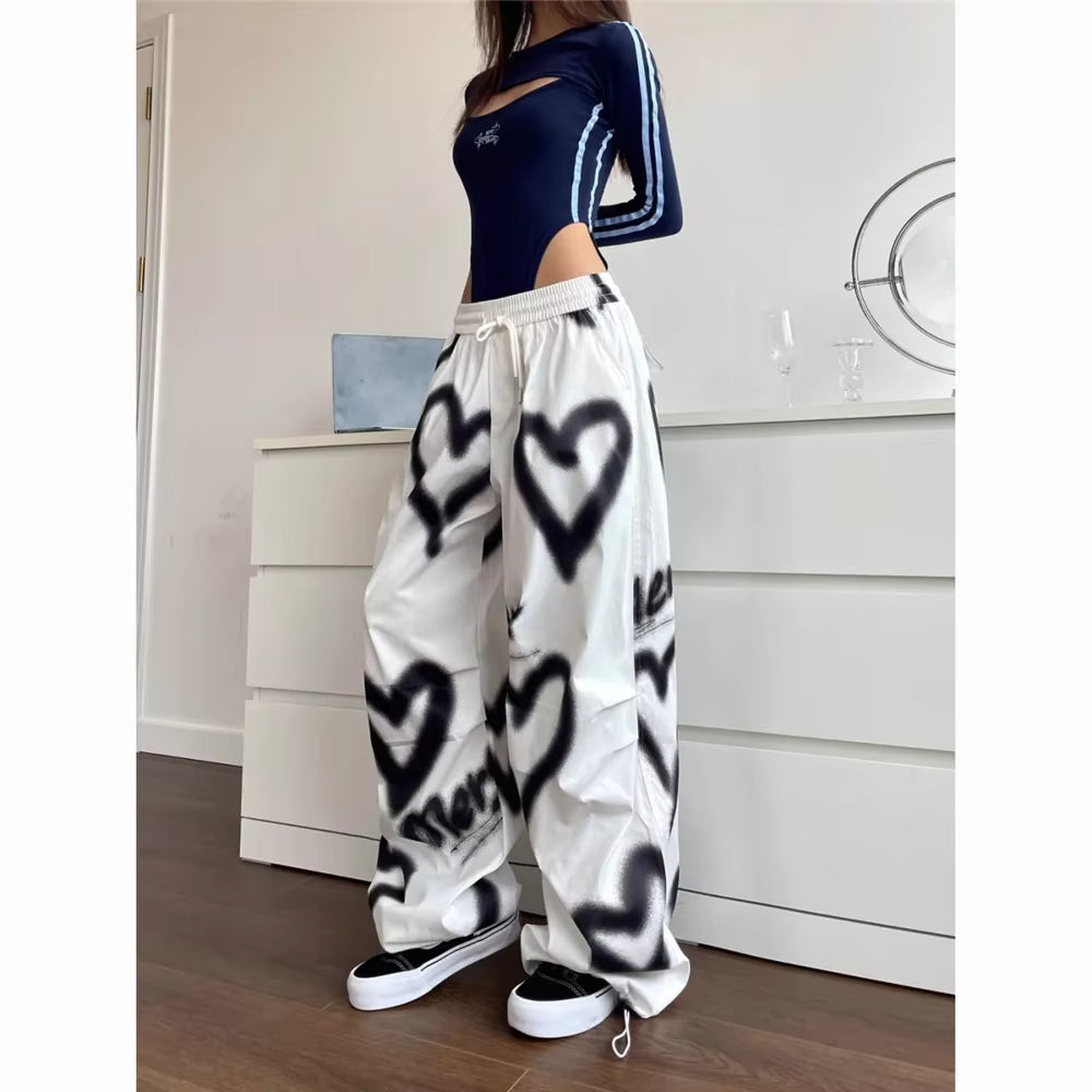 Love Graffiti Wide Leg Pants Women Elastic High Waist Streetwear Loose Drawstring Jogging Trousers Korean Casual Sweatpants