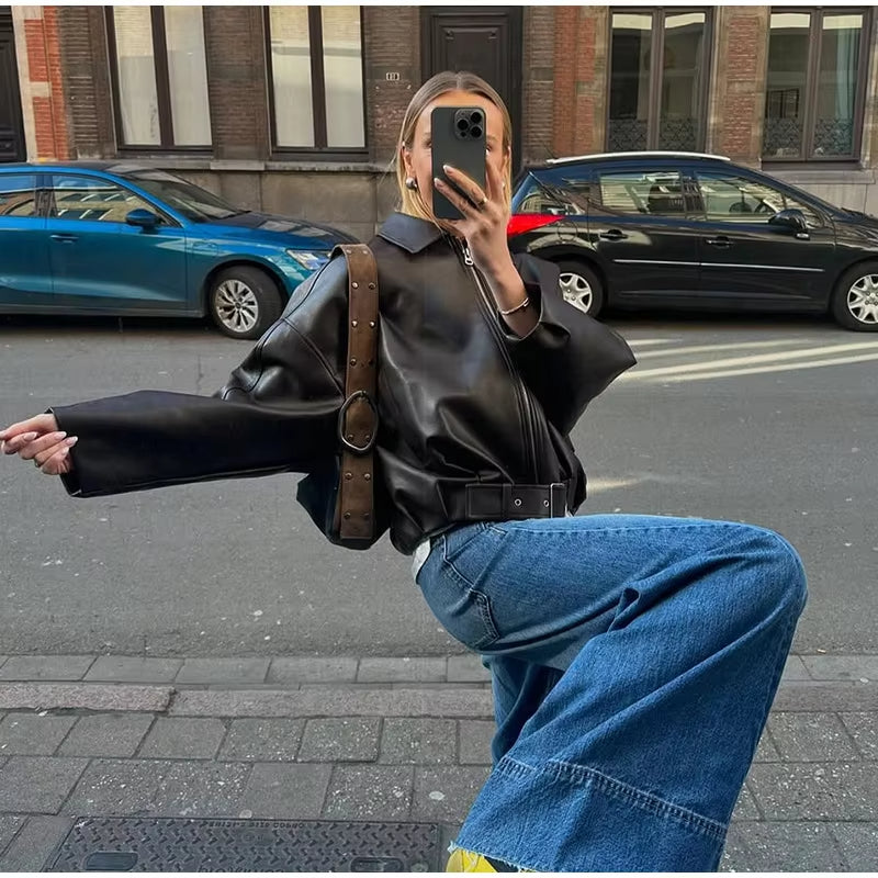 Vintage PU Leather Bomber Jackets 2026 Autumn New Ladies Zipper Lapel Long Sleeve Pocket Coat With Belt Women's Loose Streetwear