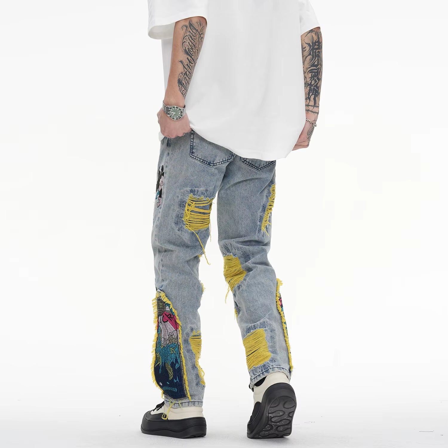 Chinese Painting Embroidered Patch Denim Ripped Jeans for Men Streetwear Pleated Tassels Distressed Destroyed Jean Straight Male