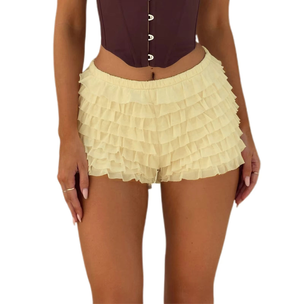 Women Shorts Summer Elastic Waist Solid Mesh Ruffle Layered Slim Fit Casual Shorts Clubwear
