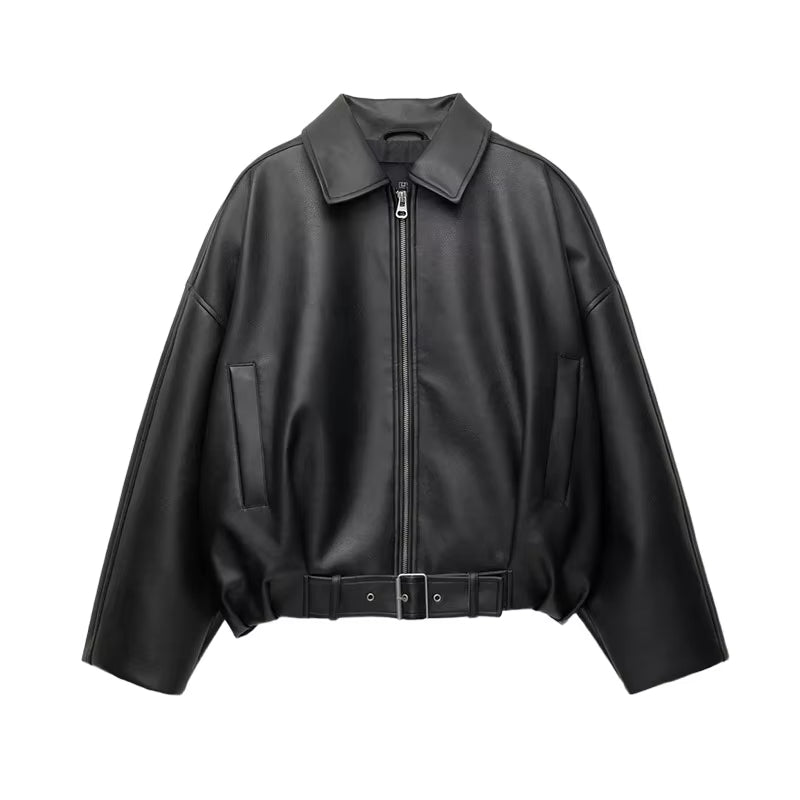 Vintage PU Leather Bomber Jackets 2026 Autumn New Ladies Zipper Lapel Long Sleeve Pocket Coat With Belt Women's Loose Streetwear