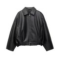 Vintage PU Leather Bomber Jackets 2026 Autumn New Ladies Zipper Lapel Long Sleeve Pocket Coat With Belt Women's Loose